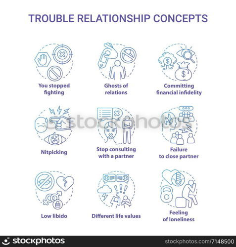 Trouble relationship concept icons set. Signs to be worry in marriage. Problems of mutual understanding idea thin line illustrations. Vector isolated outline drawings. Editable stroke