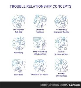 Trouble relationship concept icons set. Signs to be worry in marriage. Problems of mutual understanding idea thin line illustrations. Vector isolated outline drawings. Editable stroke