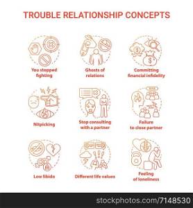 Trouble relationship concept icons set. Signs to be worry in marriage. Problems of mutual understanding idea thin line illustrations. Vector isolated outline drawings. Editable stroke