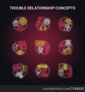 Trouble relationship neon light concept icons set. Signs to be worry in marriage. Problems of mutual understanding idea. Glowing vector isolated illustration