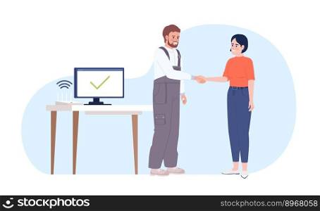 Troubleshooting internet connection at home 2D vector isolated illustration. Technician and happy client flat characters on cartoon background. Color editable scene for mobile, website, explainer. Troubleshooting internet connection at home 2D vector isolated illustration