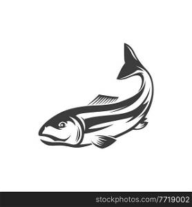 Trout, char, grayling and whitefish fishery sport trophy isolated monochrome icon. Vector fish underwater animal, salmon fishing sport mascot. Grayling whitefish, marine seafood animal sign. Atlantic salmon ray-finned fish, fishery sport