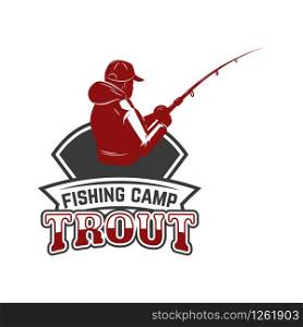 Trout.Fishing emblem template with fisherman. Design element for logo, label, sign, poster. Vector illustration