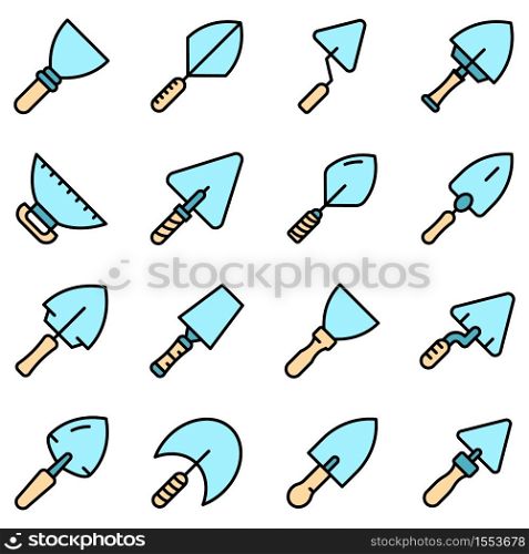 Trowel icons set. Outline set of trowel vector icons thin line color flat on white. Trowel icons set vector flat
