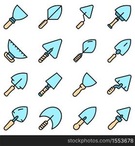 Trowel icons set. Outline set of trowel vector icons thin line color flat on white. Trowel icons set vector flat