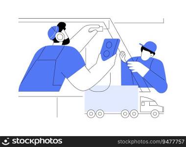 Truck cabin assembling abstract concept vector illustration. Repairmen welding truck parts, vehicle cabin production at factory, automotive industry, car manufacturing abstract metaphor.. Truck cabin assembling abstract concept vector illustration.