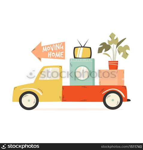 Truck carrying cardboard box, washing machine, TV, flowerpot. Relocation, moving concept Vector illustration. Truck carrying cardboard box, washing machine, TV, flowerpot. Relocation, moving concept.