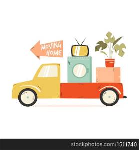 Truck carrying cardboard box, washing machine, TV, flowerpot. Relocation, moving concept Vector illustration. Truck carrying cardboard box, washing machine, TV, flowerpot. Relocation, moving concept.