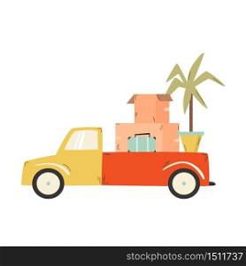 Truck carrying cardboard boxes, suitcase, flowerpot. Relocation, moving concept Vector illustration. Truck carrying cardboard boxes, suitcase, flowerpot. Relocation, moving concept.