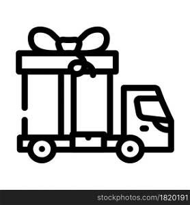 truck carrying gift line icon vector. truck carrying gift sign. isolated contour symbol black illustration. truck carrying gift line icon vector illustration