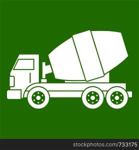 Truck concrete mixer icon white isolated on green background. Vector illustration. Truck concrete mixer icon green