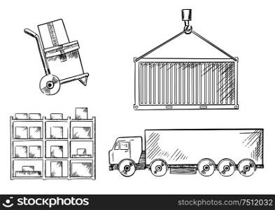 Truck, crane hook with cargo container, hand truck with boxes and warehouse racks with packages sketch icons. For transportation or logistics industry theme. Truck, container, hand truck and racks