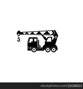 Truck crane icon. Black silhouette. Side view. Vector drawing. Isolated object on a white background. Isolate.
