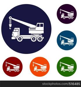 Truck crane icons set in flat circle red, blue and green color for web. Truck crane icons set