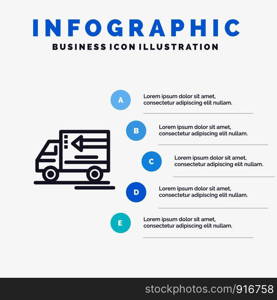 Truck, Delivery, Goods, Vehicle Blue Infographics Template 5 Steps. Vector Line Icon template