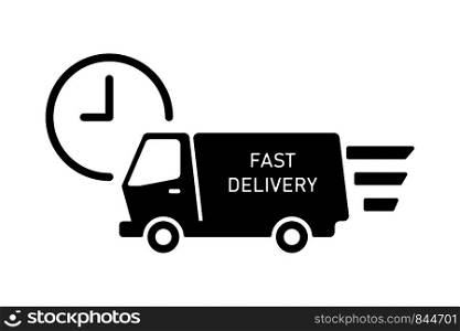 Truck delivery icon with clock isolated. Fast shipping service. Moving car icon. EPS 10. Truck delivery icon with clock isolated. Fast shipping service. Moving car icon.