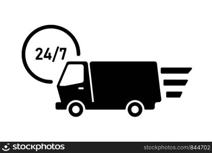 Truck delivery icon with clock isolated. Fast shipping service. Moving car icon. EPS 10. Truck delivery icon with clock isolated. Fast shipping service. Moving car icon.