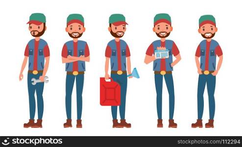 Truck Driver Character Vector. Man. Classic Driver. Isolated On White Cartoon Illustration. Classic Truck Driver Vector. Retro Professional Funny Automobile Driver. Sleuthing, Disguising. Flat Cartoon Illustration