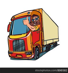 truck driver. man with beard thumbs up. Comic cartoon pop art retro vector illustration drawing. truck driver. man with beard thumbs up