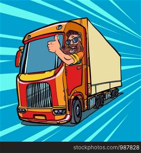 truck driver. man with beard thumbs up. Comic cartoon pop art retro vector illustration drawing. truck driver. man with beard thumbs up
