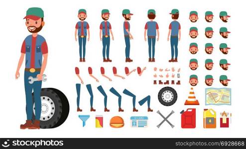 Truck Driver Vector. Animated Trucker Character Creation Set. Full Length, Front, Side, Back View, Accessories, Poses, Face Emotions, Gestures. Isolated Flat Cartoon Illustration. Truck Driver Vector. Animated Trucker Character Creation Set. Full Length, Front, Side, Back View, Accessories, Emotions, Gestures. Isolated Flat Cartoon Illustration