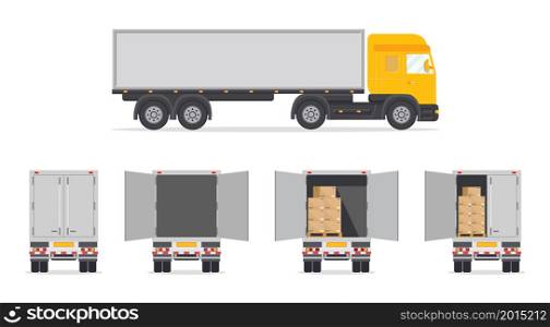 Truck for delivery. Lorry with back and side view. Open or closed back door. Box inside van for commercial order. Mockup of truck with parcel for service of delivery. Fast move of cargo. Vector.. Truck for delivery. Lorry with back and side view. Open or closed back door. Box inside van for commercial order. Mockup of truck with parcel for service of delivery. Fast move of cargo. Vector