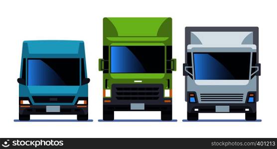 Truck front view set. Urban city vehicle model cars for commercial delivery service. Road traffic driving flat vector illustration. Truck front view set. Urban city vehicle model cars for delivery. Road traffic driving flat vector illustration