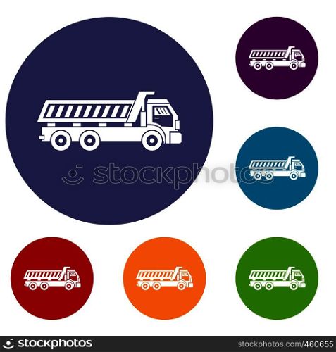 Truck icons set in flat circle reb, blue and green color for web. Truck icons set