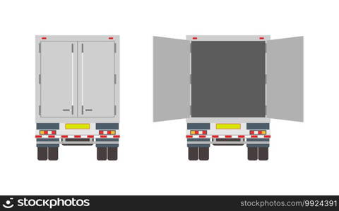 Truck in back. Van for delivery. lorry with container for cargo. Open, closed door on trailer. View rear of car for shipping. Commercial transport for post service, business. Mockup of truck. Vector.. Truck in back. Van for delivery. lorry with container for cargo. Open, closed door on trailer. View rear of car for shipping. Commercial transport for post service, business. Mockup of truck. Vector