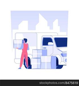 Truck loading isolated concept vector illustration. Full service movers unloading belongings from truck, real estate business, packages transportation, courier services vector concept.. Truck loading isolated concept vector illustration.