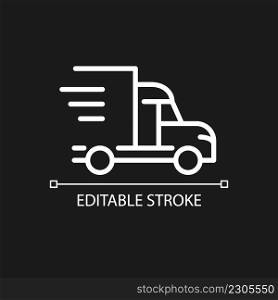 Truck pixel perfect white linear icon for dark theme. Transportation and logistics. Express shipment. Thin line illustration. Isolated symbol for night mode. Editable stroke. Arial font used. Truck pixel perfect white linear icon for dark theme