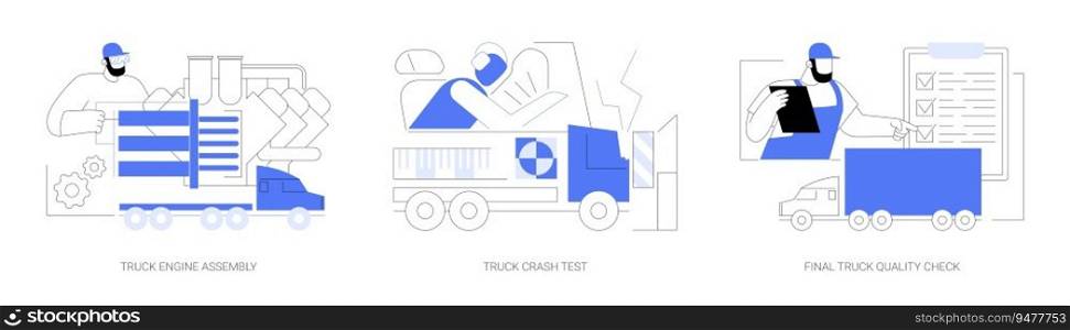 Truck production line abstract concept vector illustration set. Truck engine assembly, crash test, final truck quality check, automotive engineering industry, car manufacturing abstract metaphor.. Truck production line abstract concept vector illustrations.