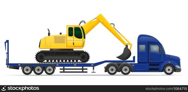 truck semi trailer delivery and transportation of construction machinery concept vector illustration isolated on white background