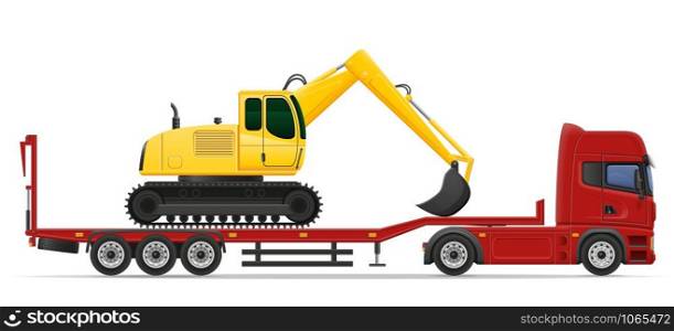truck semi trailer delivery and transportation of construction machinery concept vector illustration isolated on white background