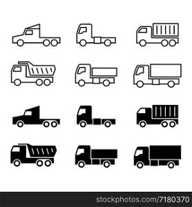 Truck silhouette and line icons. Shipping, cargo trukcs, dumpers and van isolated on white background. Vector illustration. Truck silhouette and line icons. Shipping, cargo trukcs, dumpers and van