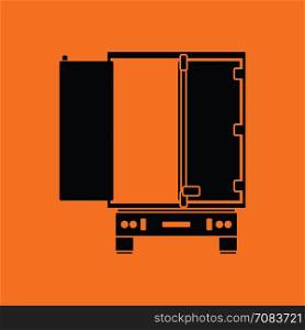 Truck trailer rear view icon. Orange background with black. Vector illustration.
