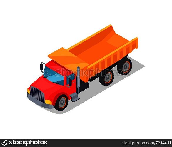 Truck transportation poster transport used in building of constructions lorry and truck for cargo vector illustration isolated on white background. Truck Transportation Poster Vector Illustration