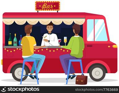 Truck with bartender making alcohol drink for young people. Street food van, cafe on wheels isolated on white background. Men are buying cocktails from outdoor bar. Guy giving order to guests. Street food van isolated on white background. Truck with bartender making alcohol drink for