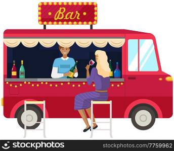 Truck with bartender making alcohol drink. Street food van, mobile shop, cafe on wheels, food bus concept. Men buying cocktails from outdoor bar. Guy giving order to guests. Street bar. Fast food cafe. Truck with bartender making alcohol drink for young people. Men buying cocktails from outdoor bar