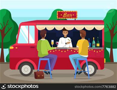 Truck with bartender making alcohol drink. Street food van, mobile shop, cafe on wheels, food bus concept. Men buying cocktails from outdoor bar. Guy giving order to guests. Street bar. Fast food cafe. Truck with bartender making alcohol drink for young people. Men buying cocktails from outdoor bar