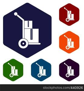 Truck with boxes icons set hexagon isolated vector illustration. Truck with boxes icons set hexagon