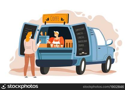 Truck with equipment for making and selling coffee at street. Stall or kiosk for clients. Seller communicating with client, automobile with menu and prices for beverages. Vector in flat style. Coffee truck seller and customer at street vector