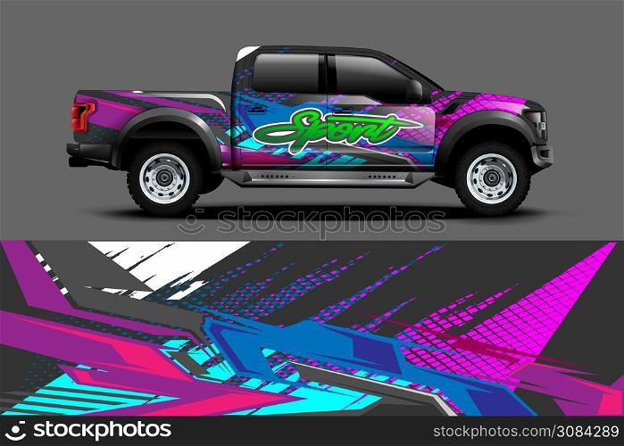 Truck wrap design vector. Graphic abstract stripe racing background kit designs for wrap vehicle, race car, rally, adventure and livery