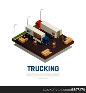 Trucking isometric composition with cargo loading and shipment to heavy vehicles vector illustration. Trucking Isometric Composition