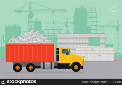 Trucking on construction vector concept. Tipper loaded with concrete bricks, building site, silhouettes of buildings and cranes on background. For construction theme illustrating, building company ad. Trucking on Construction Flat Vector Concept. Trucking on Construction Flat Vector Concept