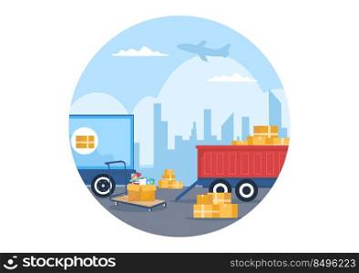 Trucking Transportation Cartoon Illustration with Cargo Delivery Services or Cardboard Box Sent to the Consumer in Flat Style Design