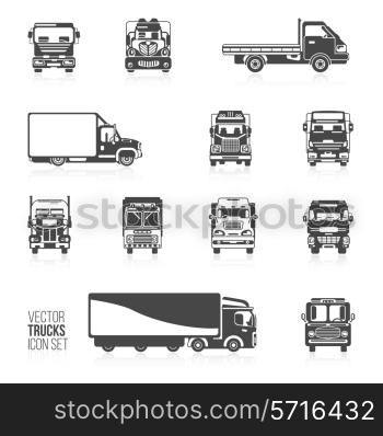 Trucks and delivery trailers automotive carriers decorative icons black set isolated vector illustration