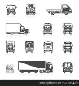Trucks and delivery trailers automotive carriers decorative icons black set isolated vector illustration