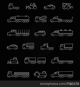 Trucks, cars, construction machines white line icons set isolated on black. Vector illustration. Trucks, cars, machines line icons of set