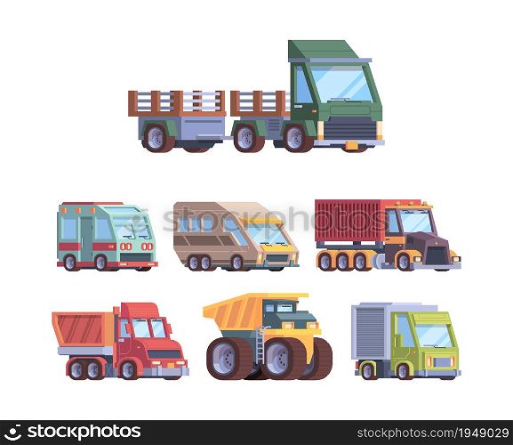 Trucks collection. Heavy industry and cargo service vehicles postal delivery trailer transport for builders vector illustrations. Cargo heavy lorry, industry vehicle and truck collection. Trucks collection. Heavy industry and cargo service vehicles postal delivery trailer transport for builders vector illustrations
